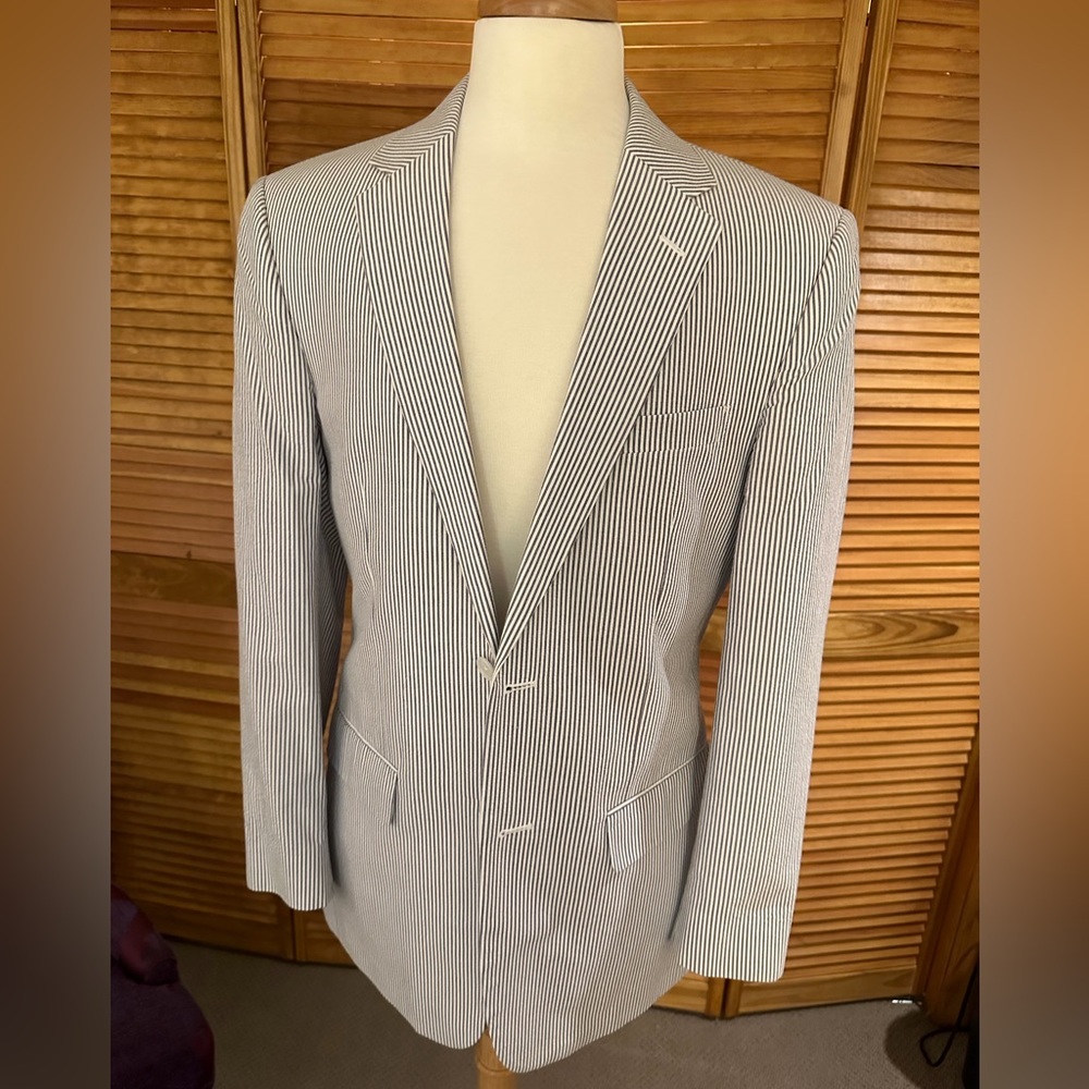 JoS A Banks Blue and White Seersucker Suit